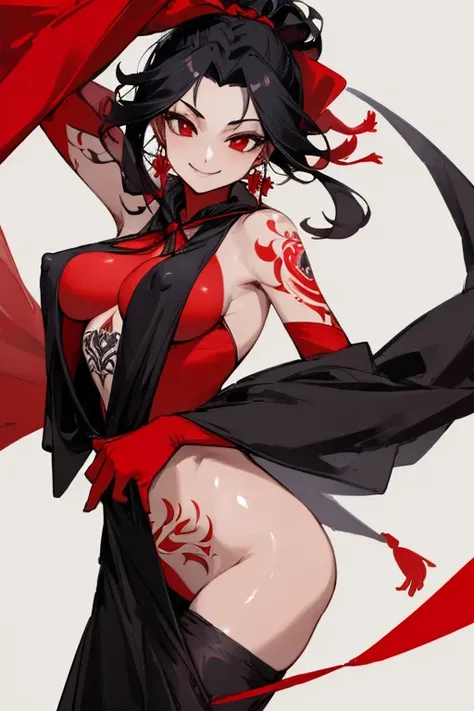 ((highest quality)), ((masterpiece)), (be familiar with),One female,Black Hair,Red eyes,Black Dress,Chest tattoo, Bewitching Smile,Heel,Black Hair,Hair tied around the neck,Red shawl,Erect nipples