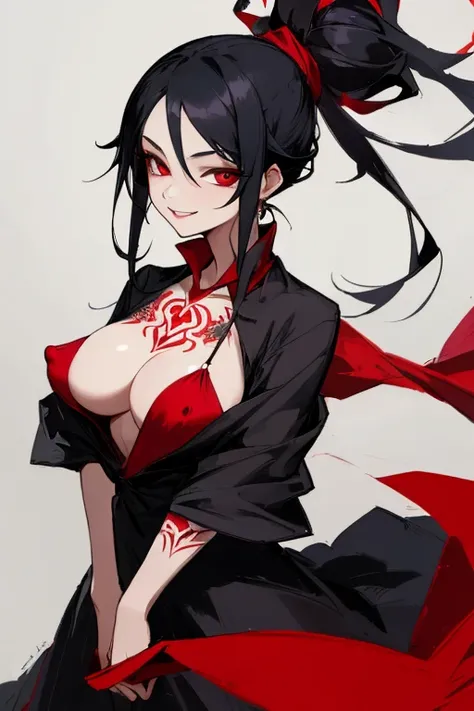 ((highest quality)), ((masterpiece)), (be familiar with),One female,Black Hair,Red eyes,Black Dress,Chest tattoo, Bewitching Smile,Heel,Black Hair,Hair tied around the neck,Red shawl,Erect nipples