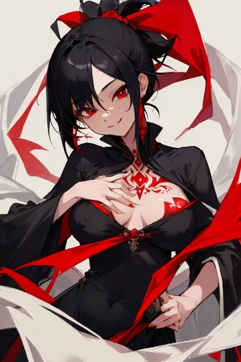 ((highest quality)), ((masterpiece)), (be familiar with),One female,Black Hair,Red eyes,Black Dress,Chest tattoo, Bewitching Smile,Heel,Black Hair,Hair tied around the neck,Red shawl,Erect nipples