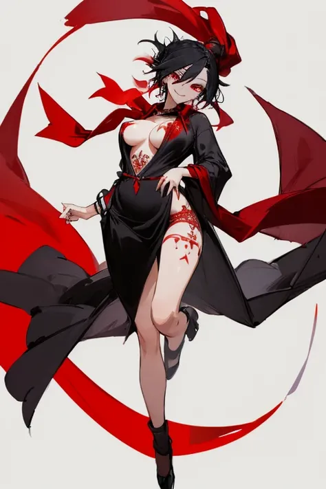 ((highest quality)), ((masterpiece)), (be familiar with),One female,Black Hair,Red eyes,Black Dress,Chest tattoo, Bewitching Smile,Heel,Black Hair,Hair tied around the neck,Red shawl,Erect nipples,whole body