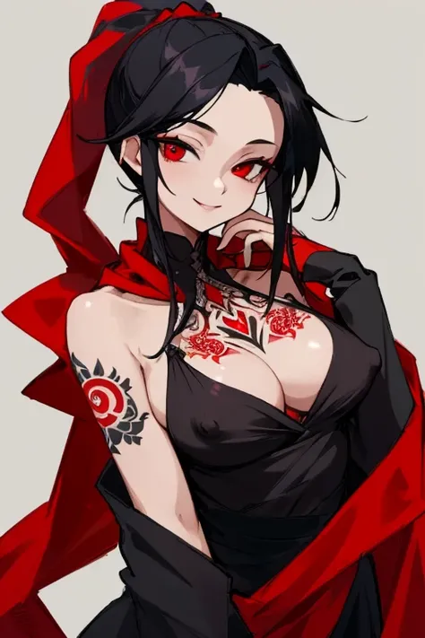 ((highest quality)), ((masterpiece)), (be familiar with),One female,Black Hair,Red eyes,Black Dress,Chest tattoo, Bewitching Smile,Heel,Black Hair,Hair tied around the neck,Red shawl,Erect nipples,whole body