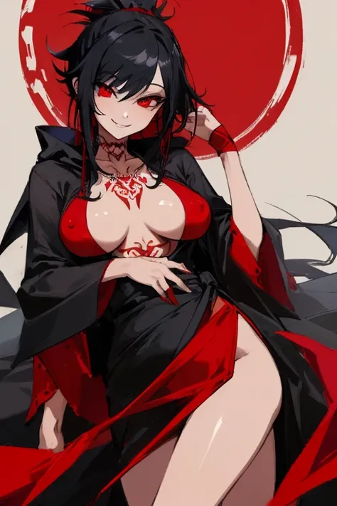 ((highest quality)), ((masterpiece)), (be familiar with),One female,Black Hair,Red eyes,Black Dress,Chest tattoo, Bewitching Smile,Heel,Black Hair,Hair tied around the neck,Red shawl,Erect nipples
