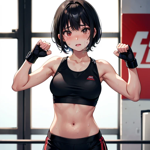 A cute Japanese high school girl with short-cut black hair. She works out hard at a mixed martial arts gym. Very sweaty, out of stamina, slender body, poor body, poor belly, small breasts, t-shirt, spats, open finger gloves.