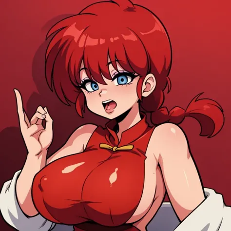 RanmaChan, cabello rojo, Cabello con trenza, ojos azules, ojos detallados, gateando en el piso, Costume】【Cosplay】More Revealing Sideless China Dress, ahegao