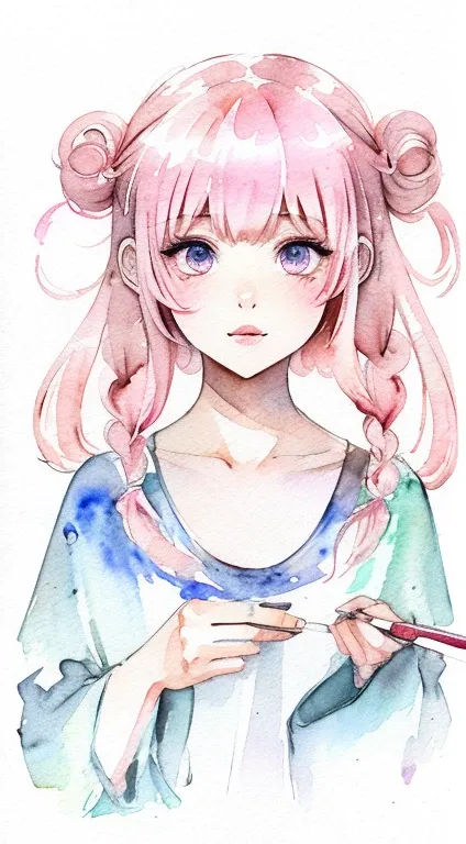 (masterpiece)、(highest quality:1.1)、(超detailedな:1.1)、Best illustrations、detailed、(Watercolor:1.4)、(Hand-drawn:1.2)、(Watercolor Brush Hair)、 One girl,Portraiture,Twin tails,Pink Hair Color,Angel&#39;s Smile,A shy smile,