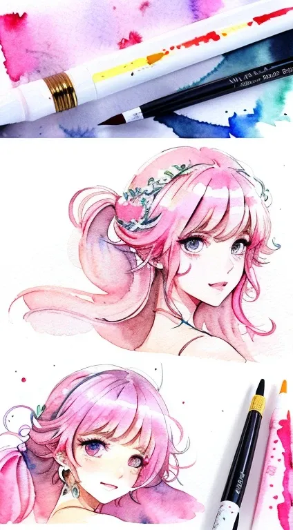 (masterpiece)、(highest quality:1.1)、(超detailedな:1.1)、Best illustrations、detailed、(Watercolor:1.4)、(Hand-drawn:1.2)、(Watercolor Brush Hair)、 One girl,Portraiture,Twin tails,Pink Hair Color,Angel&#39;s Smile,A shy smile,