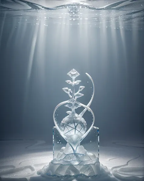 Ice sculpture in flower shape, in the water, bright background, studio lighting,romantic style, glass-like sculptures, frozen movement，high details,expensive style,pop style, high details white and silver tone
