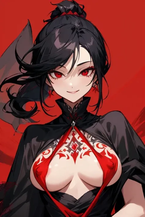 ((highest quality)), ((masterpiece)), (be familiar with),One female,Black Hair,Red eyes,Black Dress,Chest tattoo, Bewitching Smile,Heel,Black Hair,Hair tied around the neck,Red shawl,Erect nipples
