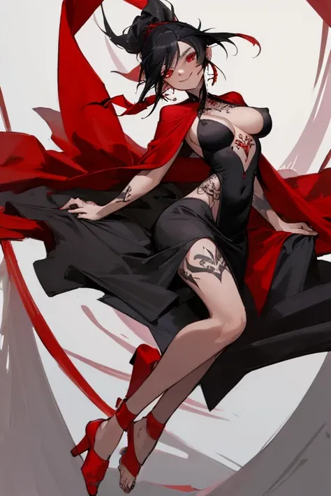 ((highest quality)), ((masterpiece)), (be familiar with),One female,Black Hair,Red eyes,Black Dress,Chest tattoo, Bewitching Smile,Heel,Black Hair,Hair tied around the neck,Red shawl,Erect nipples,whole body,Slanted Eyes