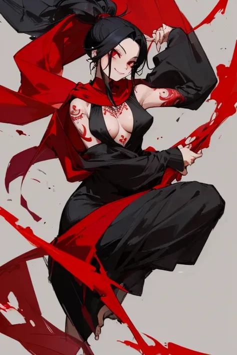 ((highest quality)), ((masterpiece)), (be familiar with),One female,Black Hair,Red eyes,Black Dress,Chest tattoo, Bewitching Smile,Heel,Black Hair,Hair tied around the neck,Red shawl,Erect nipples,whole body,Slanted Eyes