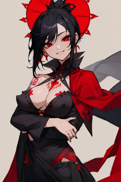 ((highest quality)), ((masterpiece)), (be familiar with),One female,Black Hair,Red eyes,Black Dress,Chest tattoo, Bewitching Smile,Heel,Black Hair,Hair tied around the neck,Red shawl,Erect nipples,whole body,Slanted Eyes