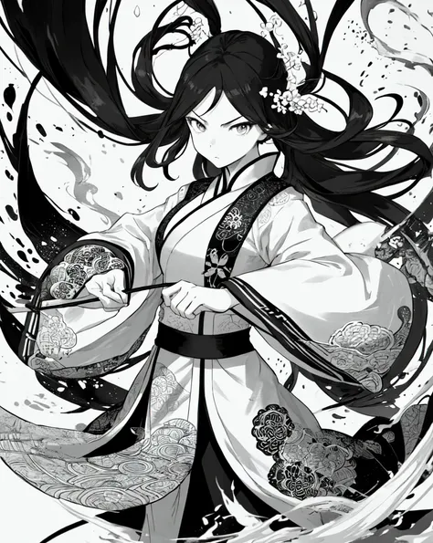 zydink, monochrome, ink sketch, asian (middle age woman), fighting stance, looking at viewer, long hair, floating hair, hanfu, chinese clothes, long sleeves, (abstract ink splash:1.2), white background
