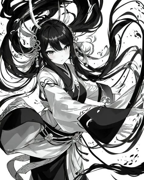 zydink, monochrome, ink sketch, asian (middle age woman), fighting stance, looking at viewer, long hair, floating hair, hanfu, chinese clothes, long sleeves, (abstract ink splash:1.2), white background
