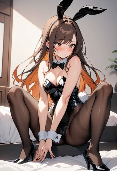 Masterpiece, Best Quality, 1girl, medium breast, brown hair, long hair, multicolored hair, orange red hair tips, swept bangs, brown eyes, playboy black bunny, fake rabbit ears, fake rabbit tail, detached wing collar, bowtie, strapless leotard, pantyhose, h...