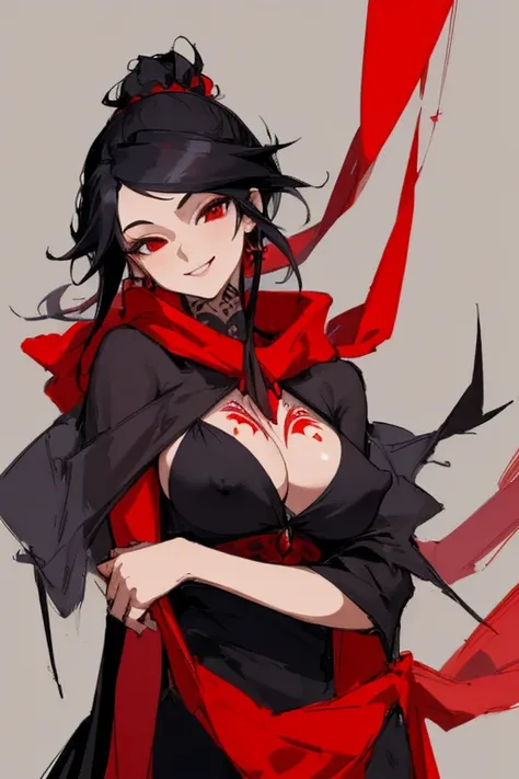 ((highest quality)), ((masterpiece)), (be familiar with),One female,Black Hair,Red eyes,Black Dress,Chest tattoo, Bewitching Smile,Heel,Black Hair,Hair tied around the neck,Red shawl,Erect nipples,(whole body),Slanted Eyes