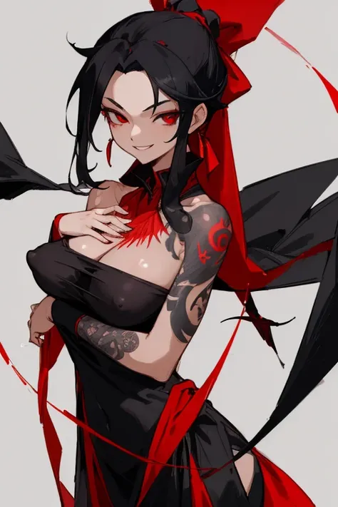 ((highest quality)), ((masterpiece)), (be familiar with),One female,Black Hair,Red eyes,Black Dress,Chest tattoo, Bewitching Smile,Heel,Black Hair,Hair tied around the neck,Red shawl,Erect nipples,(whole body),Slanted Eyes
