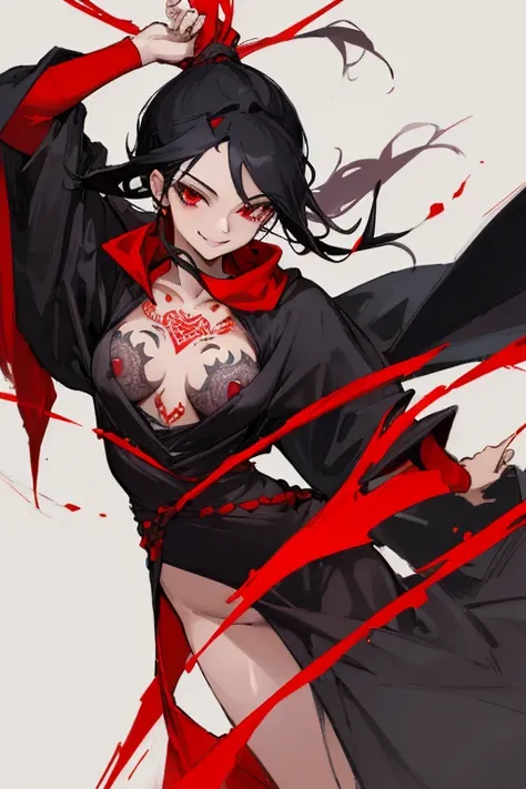 ((highest quality)), ((masterpiece)), (be familiar with),One female,Black Hair,Red eyes,Black Dress,Chest tattoo, Bewitching Smile,Heel,Black Hair,Hair tied around the neck,Red shawl,Erect nipples,(whole body),Slanted Eyes
