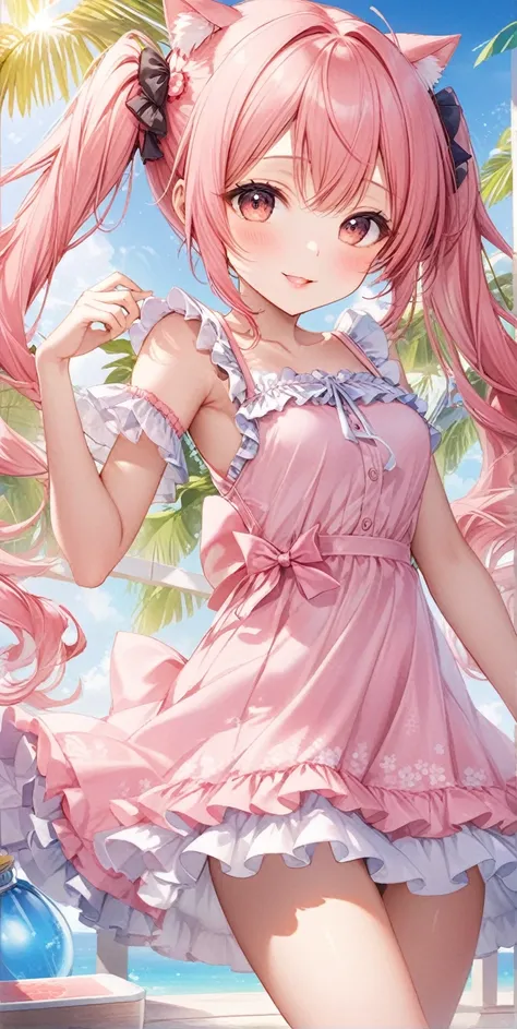 Super detailed, Japanese , ( 14-year-old girl),Look at the photographer､  (Twin tails, Scrunchie,  Pink Hair, nekomimi),  Glossy Lips, Natural smile、 Center image,  Perfect limbs, Perfect Anatomy,(Summer dresses with ruffles),Suggestive