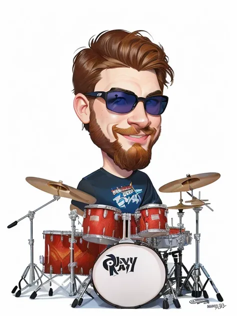 Disney Pixar, 4k, a man with sunglasses and a beard playing the drums, drummer, caricature illustration, gigantic portrait, portrait of Sam Hyde, portrait of jerma985, professional illustration, in cartoon style, cartoon portrait, Greg Rutkowski detailed, ...