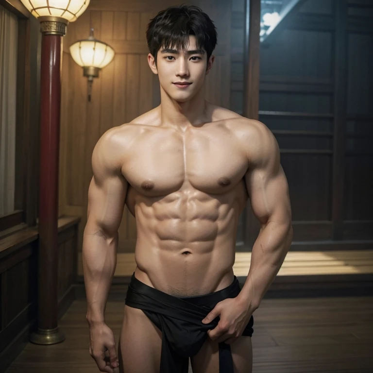 2 Chinese handsome naked chinese boy smile at each other , romantic, Men God, Mythology, Chinese odyssy, Handsome,, Topless, strong  Muscles Athlete body, top up Frame, Sexy, Professional Lighting, , Chinese Heaven Background, Bulge Underneathe Underwear, ...