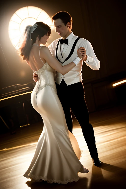 photorealsitic, high quality, high sharpness, super detail, Bride and groom dancing tango, cinematic lighting, rim lighting, 