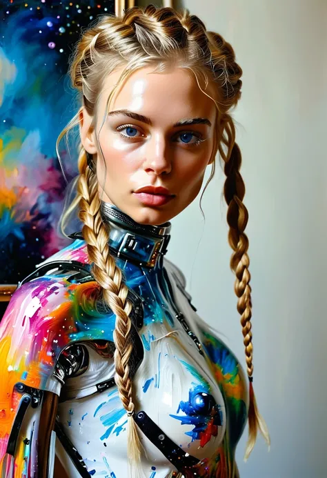 The easel, the paints, the artist, standing Full-length, Sexy cyborg woman drawing self-portrait in oil paints, french braid, blonde hair