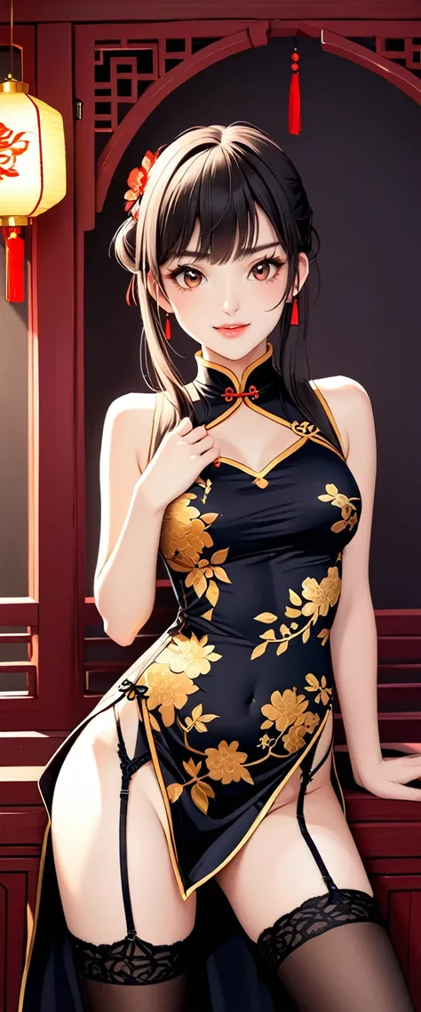 High resolution, adult woman , good lighting, despicable, , (No nudity), (((China dress))), (()), ((())), (garter belt), abdomen only, (),  ,  cute face, I&#39;m embarrassed and blush, humiliating, ((turn around and look back)), ((See-through))()(T-back)(a...