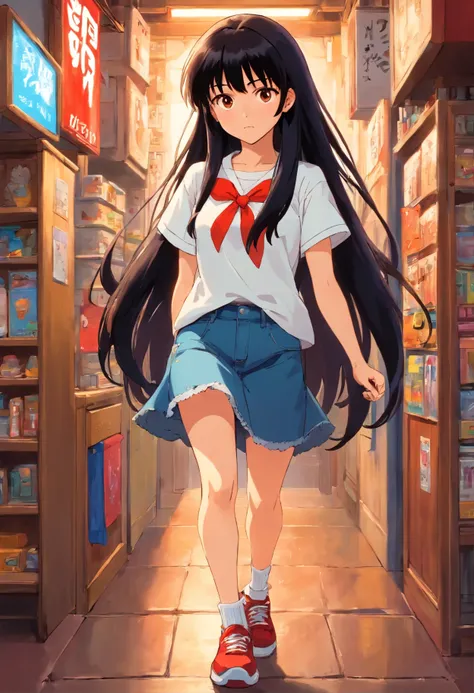 Young girl, 20 years old, straight black long hair with bangs, 1.60 meters tall, dark brown almond eyes, white t-shirt, blue jean skirt, red sneakers, ankle socks, ghibli vilage