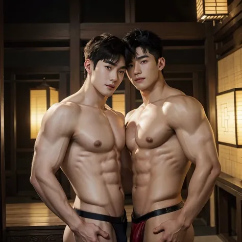 2 Chinese handsome naked chinese boy smile at each other , romantic, Men God, Mythology, Chinese odyssy, Handsome,, Topless, strong  Muscles Athlete body, top up Frame, Sexy, Professional Lighting, , Chinese Heaven Background, Bulge Underneathe Underwear, ...