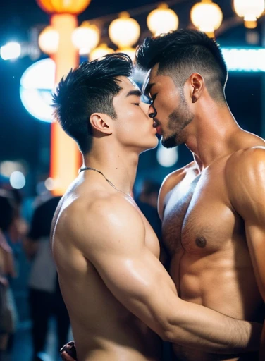 （Chinese handsome：1.5），(Two men at an amusement park)，the night，masculine pose，realistic detail， photograph of-realistic，textureskin，looking to the camera，18-year-old boy,Studio, (kiss together) , love, nude , naked , sexy. ,  NSFW, 🔞 