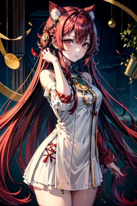 A beautifull catgirl, blank and red curly and long hair, red eyes, perfect eyes, perfect body, fighting, moonlight background