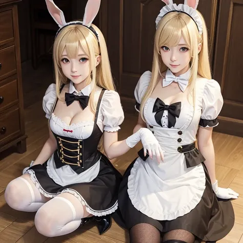 rabbit, Blonde, Maid outfit with hollow chest, Medium Length Hair, Otokonoko, Four legs, rabbit,