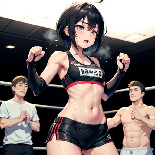 Small breasts. Cute Japanese high school girl with short-cut black hair. She competes in a mixed martial arts ring. Her femail opponents fist is hitting her poor belly. She is in pain. She is very sweaty, out of breath, both eyes tightly closed, out of sta...