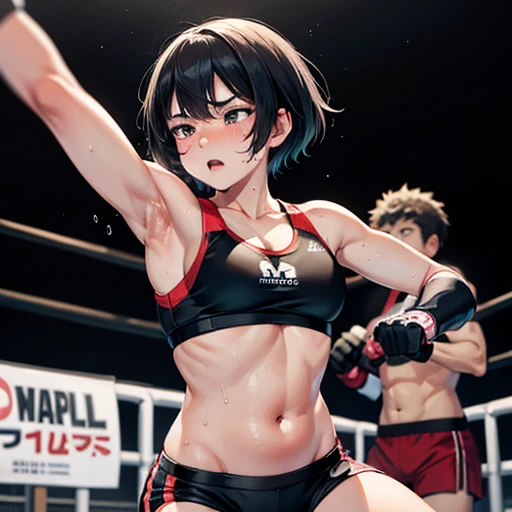 Small breasts. Cute Japanese high school girl with short-cut black hair. She competes in a mixed martial arts ring. Her femail opponents fist is hitting her poor belly. She is in pain. She is very sweaty, out of breath, both eyes tightly closed, out of sta...