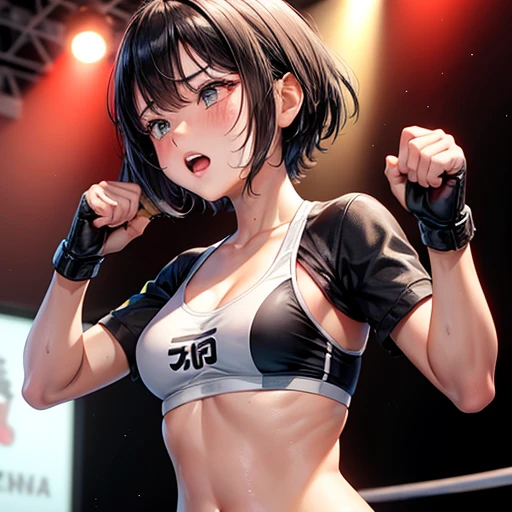 Small breasts. Cute Japanese high school girl with short-cut black hair. She competes in a mixed martial arts ring. Her femail opponents fist is hitting her poor belly. She is in pain. She is very sweaty, out of breath, both eyes tightly closed, out of sta...