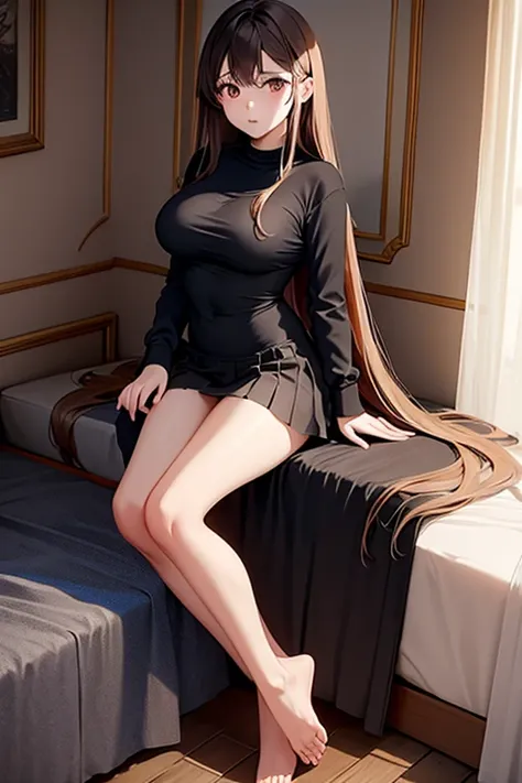 Italian girl, 25 years old, very long brown hair, busty, wearing a small shirt, wearing a black pleated miniskirt, hair covering her breasts, bare feet, bedroom