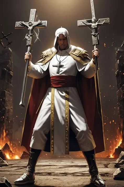 The pope as a mortal kombat character , fighter ,crucifix as a weapon