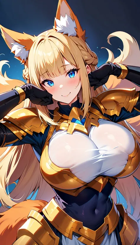 blonde hair, french braid, hair behind ear, hime cut, very long hair, blue eyes, red eyes shadow, animal ears, fox ears,"long orange fox ears with black tips", covering ears, kemonomimi mode, smiling ,tail emanating(9 tails fox),huge tits, large hips,fully...