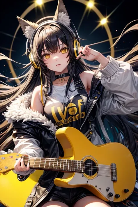 wolf girl,yellow eyes,big black hair and yellow tips, furry and cute wolf ears, rock outfit, playing guitar with headphones, beautiful body.

￼


