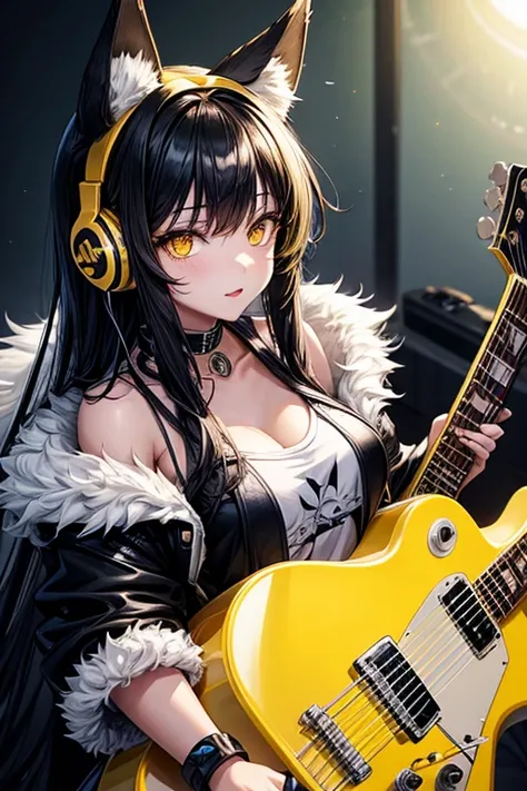 wolf girl,yellow eyes,big black hair and yellow tips, furry and cute wolf ears, rock outfit, playing guitar with headphones, beautiful body.

￼


