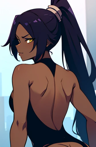 do yoruichi wearing a sexy black swimsuit from the back showing her ass