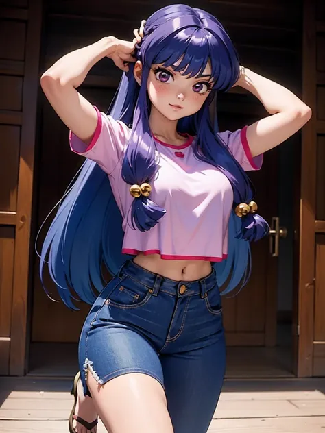 chica anime sonriendo cabello largo morado, vistiendo una blusa morada y pantalones cortos de mezclilla sexys, 16 years, manos e...