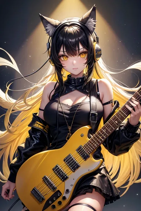 wolf girl,yellow eyes,big black hair and yellow tips, furry and cute wolf ears, rock outfit, playing guitar with headphones, beautiful body.

￼


