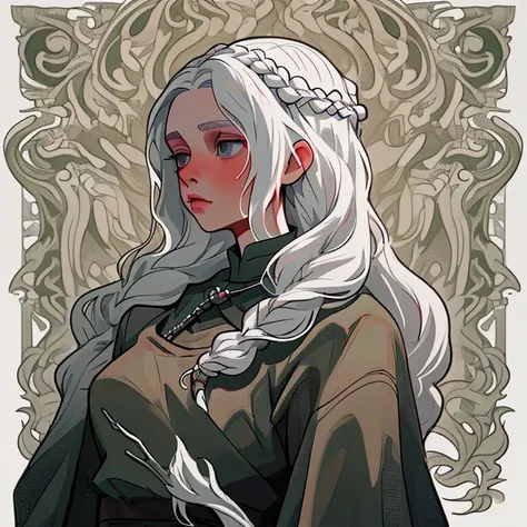 Woman with white long hair, natural white hair,braided hair, detailed hairstyle, hair accessories, long hair, complicated hairstyle, front view, medieval woman, game of thrones style, queen, dragon queen