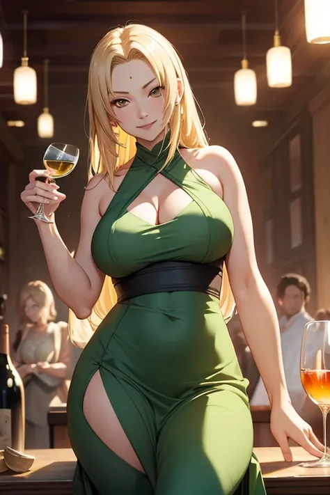 light effect, soft, super clear, high-definition picture, (front), masterpiece, cinematic lighting, Tsunade hokage, orange eyes, blonde hair, 1girl, solo, looking at viewer, smile, large breast, open shoulder, green long dress, wine glass holding, gala din...