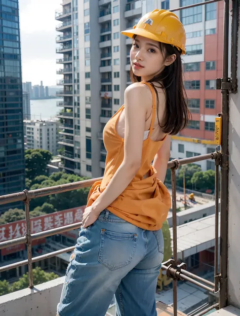 Ultra-detailed,1 female construction worker, very cute, Assembling scaffolding at a construction site, Climb to high places,Round ass.Sex Appeal,dizzying height,Erect nipples,You can see the beautiful sea,