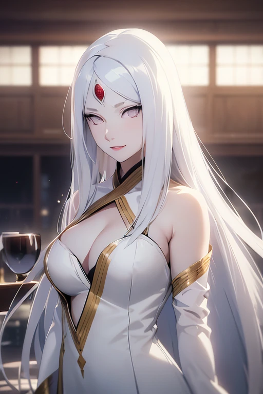 shoulder-length white hair, light effect, soft, super clear, high-definition picture, (front), masterpiece, cinematic lighting, Kaguya Otsusuki, white colorless eyes, no pupils, 1girl, solo, looking at viewer, smile, large breast, open shoulder, gold-white...