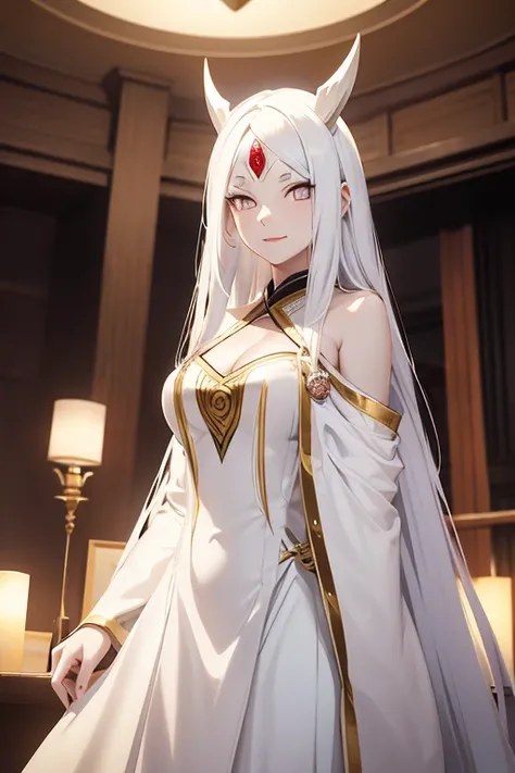 shoulder-length white hair, horns, third eye, light effect, soft, super clear, high-definition picture, (front), masterpiece, cinematic lighting, Kaguya Otsusuki, white colorless eyes, no pupils, 1girl, solo, looking at viewer, smile, large breast, open sh...