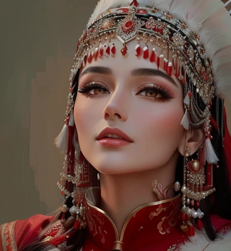 close-up of a woman in a headdress and a red dress, inspired by Liu Ji, traditional beauty, beautiful iranian woman, looks like ebru sahin, based on Fikret Mualla Saygin, & her facial expression is solemn, Ancient Princess Libu, very very beautiful woman, ...