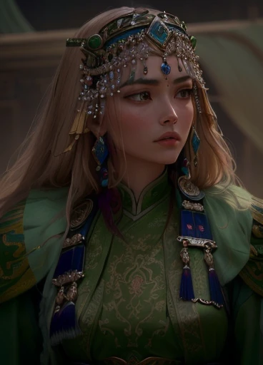 close-up of a woman in a headdress and green dress, inspired by Liu Ji, frame from a science fiction film, inspired by Osman Hamdi Bey, Kazakh empress, more from the movie, Ancient Princess Libu, Imogen Poots as a holy warrior, young woman in the image of ...